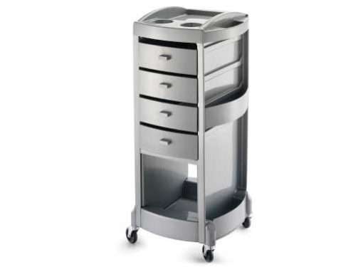 Colour trolley with 4 drawers, side pockets and bowl holders in silver